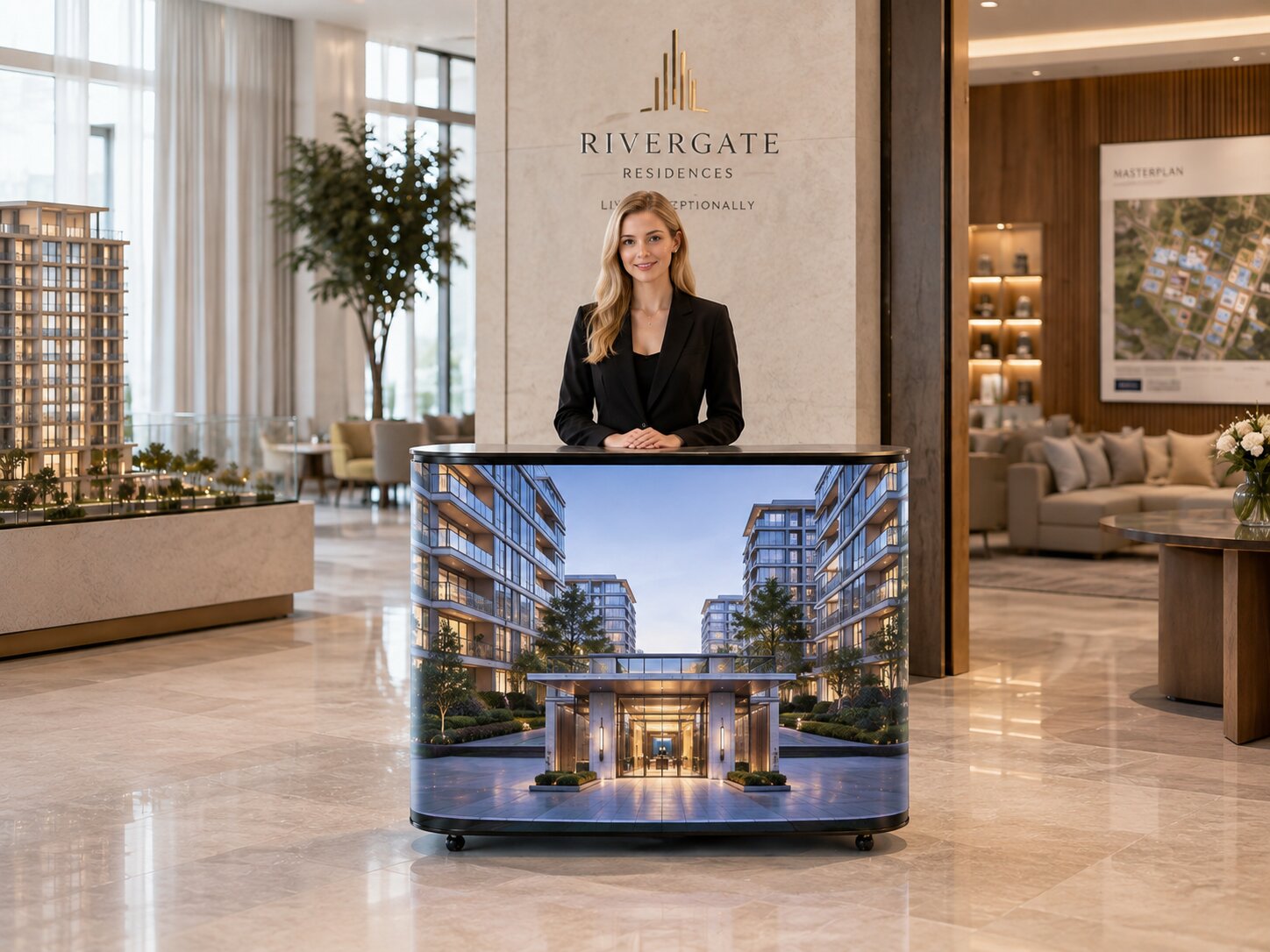 LED recepčný pultík s vizualizáciou rezidenčného projektu v lobby - hosteska za LED front deskom